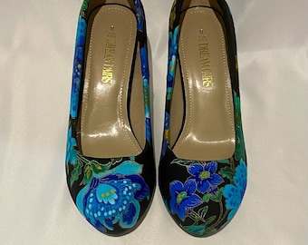 Blue Floral Wedding Heels, Something Blue Cotton Shoes