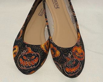 Halloween Pumpkin Flats, Witch Shoes, Cotton Fabric