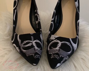 Handcuff Print Heels, Kinky Cotton Fabric Shoes