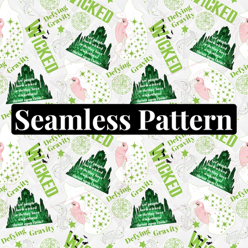 May include: A seamless pattern featuring a green and white design with the words "Defying Gravity" and "Wicked" repeated throughout. The pattern also includes a green mountain, stars, bats, and a wand.