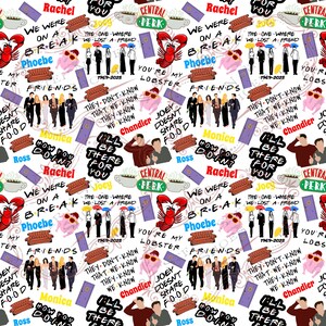 May include: A colorful and vibrant pattern featuring characters and iconic phrases from the popular TV show "Friends". The pattern includes the show's logo, the iconic orange couch, and the Central Perk coffee shop logo. The pattern is perfect for fabric, wallpaper, or other creative projects.