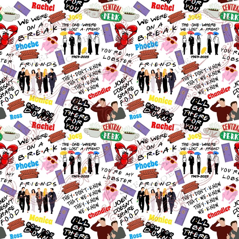 May include: A colorful and vibrant pattern featuring characters and iconic phrases from the popular TV show "Friends". The pattern includes the show's logo, the iconic orange couch, and the Central Perk coffee shop logo. The pattern is perfect for fabric, wallpaper, or other creative projects.