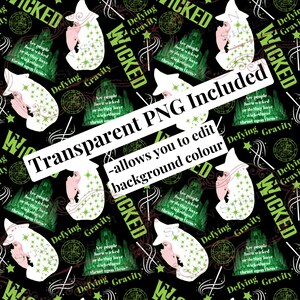 May include: A black and green seamless pattern featuring a white silhouette of a witch with the text "Wicked" and "Defying Gravity" repeated throughout the design.