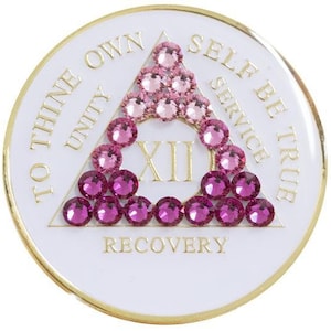 AA Glow in Dark Medallion Pink Swarovski Crystals (1-50 Years) | Alcoholics Anonymous Sobriety Chip, Token, Coin, Birthday, Anniversary