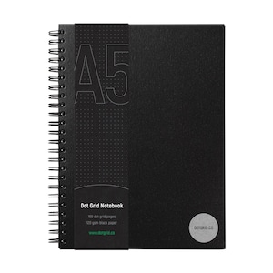 May include: A black A5 dot grid notebook with a black cover and a white dot grid pattern. The notebook has 160 pages and is made of 120 gsm black paper. The cover has the text "Dot Grid Notebook" and the website address "www.dotgrid.co".