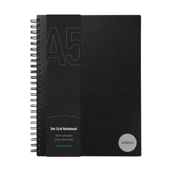 A5 Dot Grid notitieboek met zwarte pagina's - 160 pagina's, premium 120 g/m² zwart papier, zwarte omslag voor bullet-journalisten en ontwerpers