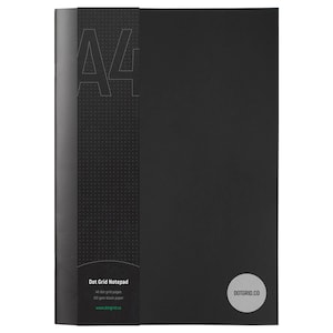 May include: A black A4 dot grid notepad with 48 dot grid pages and 120 gsm black paper. The notepad has the text "Dot Grid Notepad" and "www.dotgrid.co" printed on the front cover. The text "DOTGRID.CO" is printed in white on a black circle on the front cover.