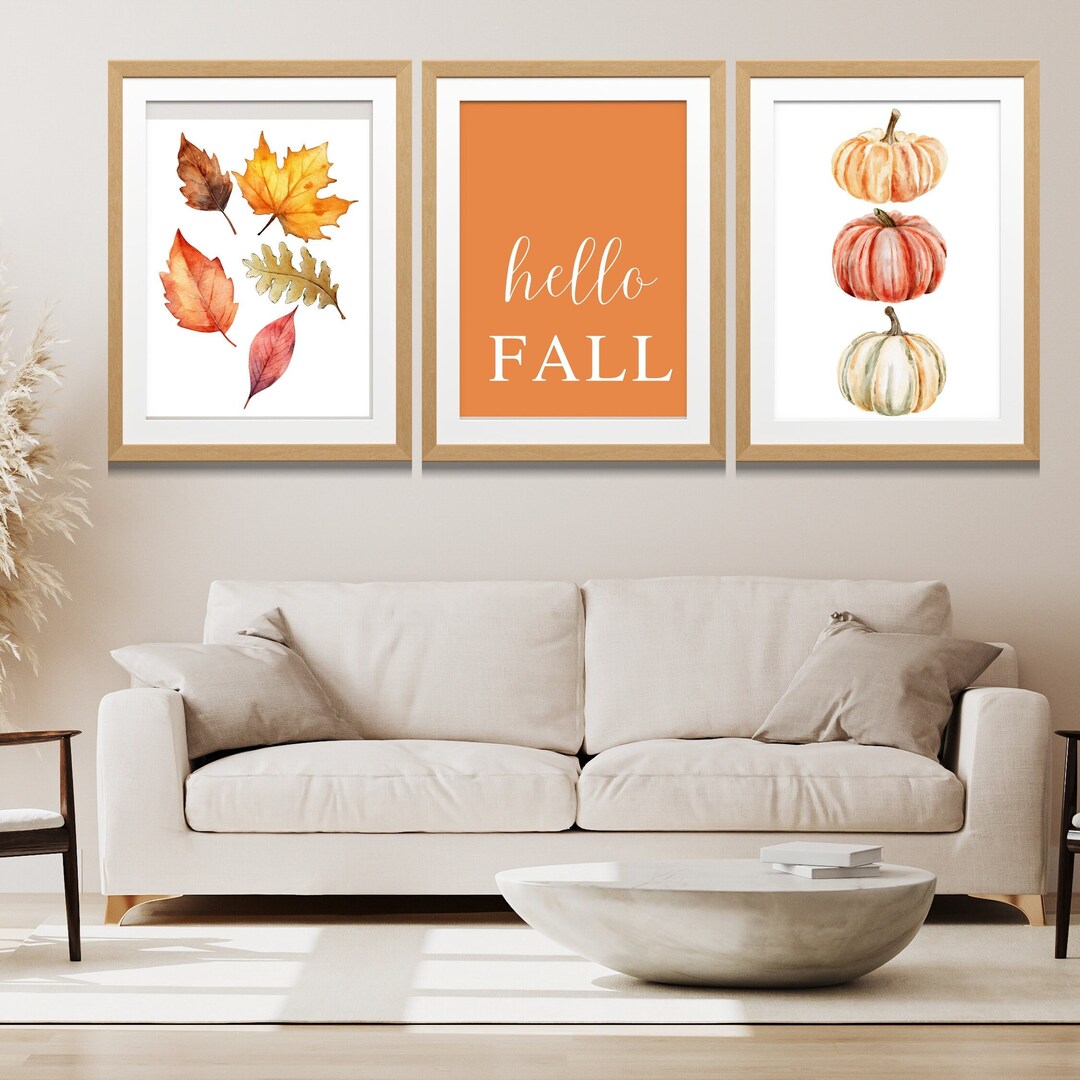 3 Piece Wall Art for Fall Orange Hello Fall Set of 3 Printable Wall Art