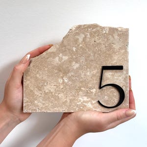May include: A rectangular, beige stone house number with a black number 5. The stone has a rough, natural edge on the top left. The number is centered and has a modern font.
