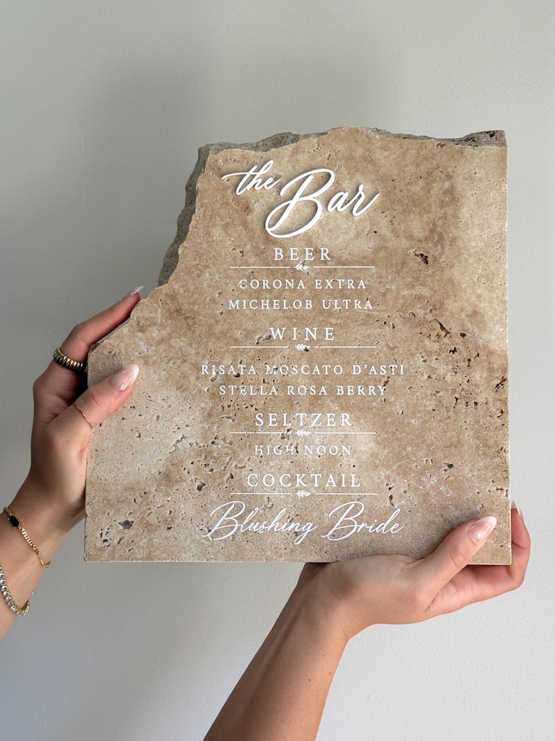 Cocktailes Reception Frame Wedding Bar Sign Cocktail Menu Reception Display Table Stone Travertine ...