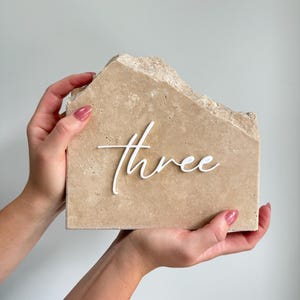 Beige and White Travertine Cursive Table Numbers, Natural Stone Acrylic Table Number Marker, Wedding Event Sign, Modern Minimalist Decor