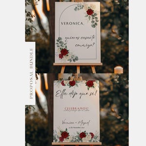 Könnte beinhalten: Zwei weiße Antragsschilder auf hölzernen Staffeleien. Auf dem oberen Schild steht "VERONICA, quieres casarte conmigo?" mit floralen Akzenten. Auf dem unteren Schild steht "Ella dijo que si!" mit Namen und Datum, umgeben von Blumen. Das Wort "PROPOSAL BUNDLE" steht links.