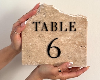 Wedding Table Numbers Beige Travertine Chiseled Custom Stone Black Acrylic Modern Event Decor