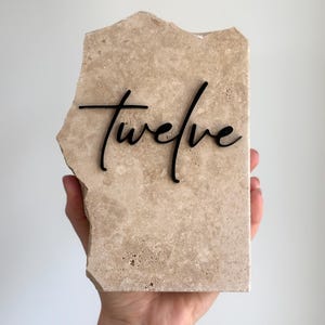 Black And Beige Cursive Stone Table Numbers, Travertine Sign, Company Events, Natural Rock Table Numbers, Modern Wedding Signs And Decor