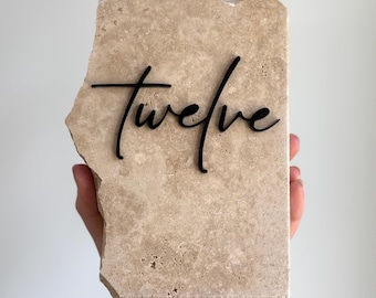 Wedding Table Numbers Beige Travertine Stone Black Cursive Font Special Event Centerpieces Modern Wedding Decor Minimalist Centerpiece
