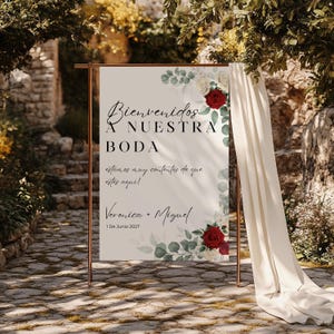 Bienvenidos A Nuestra Boda, Letrero de Boda con Flores, Spanish Welcome to Our Wedding Sign, Bilingual Wedding Welcome Sign, Customizable