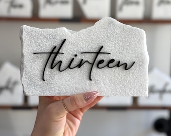 Wedding Table Numbers White Marble Stone with Black Cursive Rustic Wedding Sign Decor Company Events