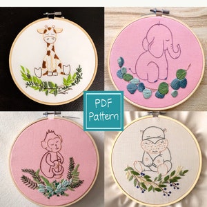 Beginner embroidery pattern bundle, four safari animal patterns: elephant, giraffe, hippo, and monkey