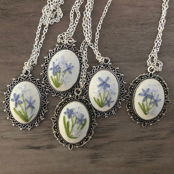 Embroidered pendant necklaces, vintage inspired florals, joy necklace, vintage hot air balloon, forget-me-not necklace