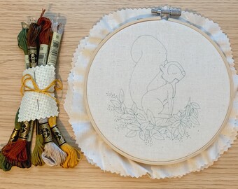 KIT: Complete embroidery kit Baby Squirrel pattern for nursery. Cute beginner embroidery pattern, leafy wreath pattern
