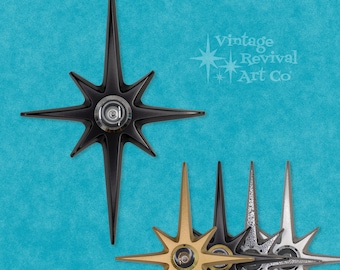 May include: Five starburst wall decor pieces in black, gold, silver, and gray. The starburst shapes are made of metal and have a retro mid-century modern design. Vintage Revival Art Co. is printed in white on a blue background.