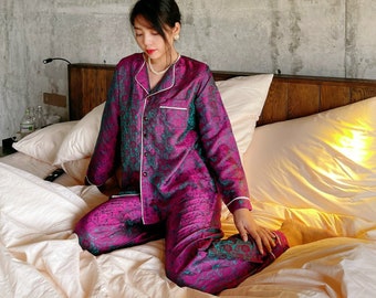 Women's Silk Pajamas Long Mulberry Silk Real Pure 100% silk Sleepwear, Silk Pajama Set for Women