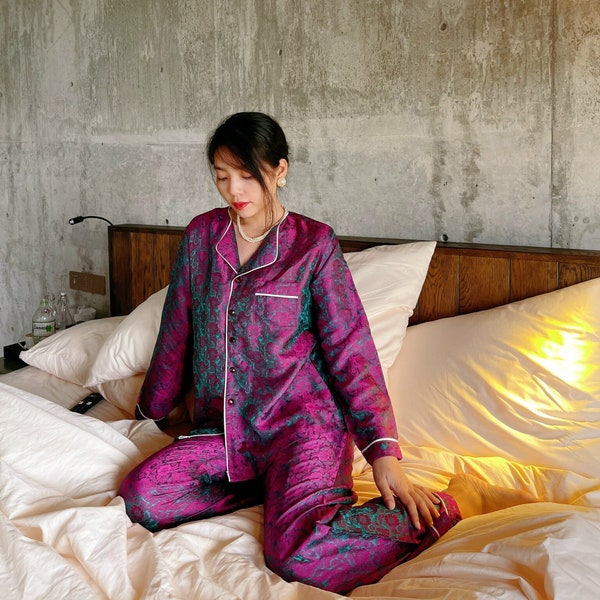 Women's Silk Pajamas Long Mulberry Silk Real Pure 100% silk Sleepwear, Silk Pajama Set for Women