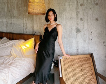 Long Silk NIGHTGOWN, silk slip dress- Black