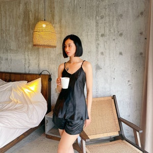 Silk Camisole & Shorts Pajama Set- Black