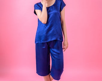 Komplet piżamowy z jedwabiu morwowego Blue Mulberry, ręcznie robiony