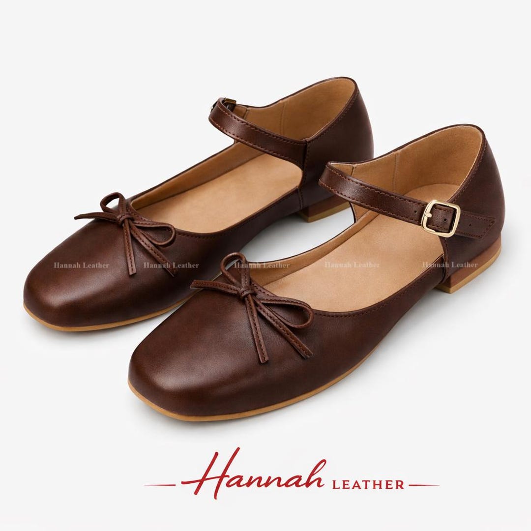 Handmade Leather Ballet Flats – Mary Jane Strap Shoes With Bow Detail ...