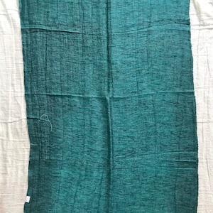 May include: A teal green silk scarf with a textured woven pattern and fringed edges.