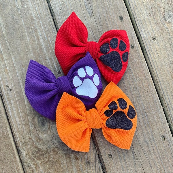 Nylon/Clips- School Spirit Bow - Wildcat Bow - Bulldog Bow-  Tiger Bow - Paw Print Bow