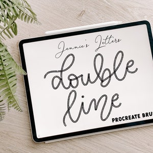 May include: A white digital drawing tablet with a black border. The screen displays a black and white illustration of the text "Jennie's Letters double line PROCREATE BRUSH".