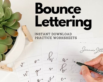 May include: Printable worksheets for practicing bounce lettering. The worksheets feature the alphabet in cursive script with lines for practicing each letter. The text "Bounce Lettering" and "Instant Download Practice Worksheets" is at the top of the page. The text "Jennies Letters" is at the bottom of the page. The text "Use on the iPad!" is at the bottom of the image.