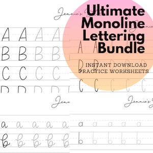 Letras à mão e letras para iPad Procriar planilhas rastreáveis Pacote Monoline Maiúsculas e minúsculas Quatro estilos Estreito, Largo, Impressão. Roteiro
