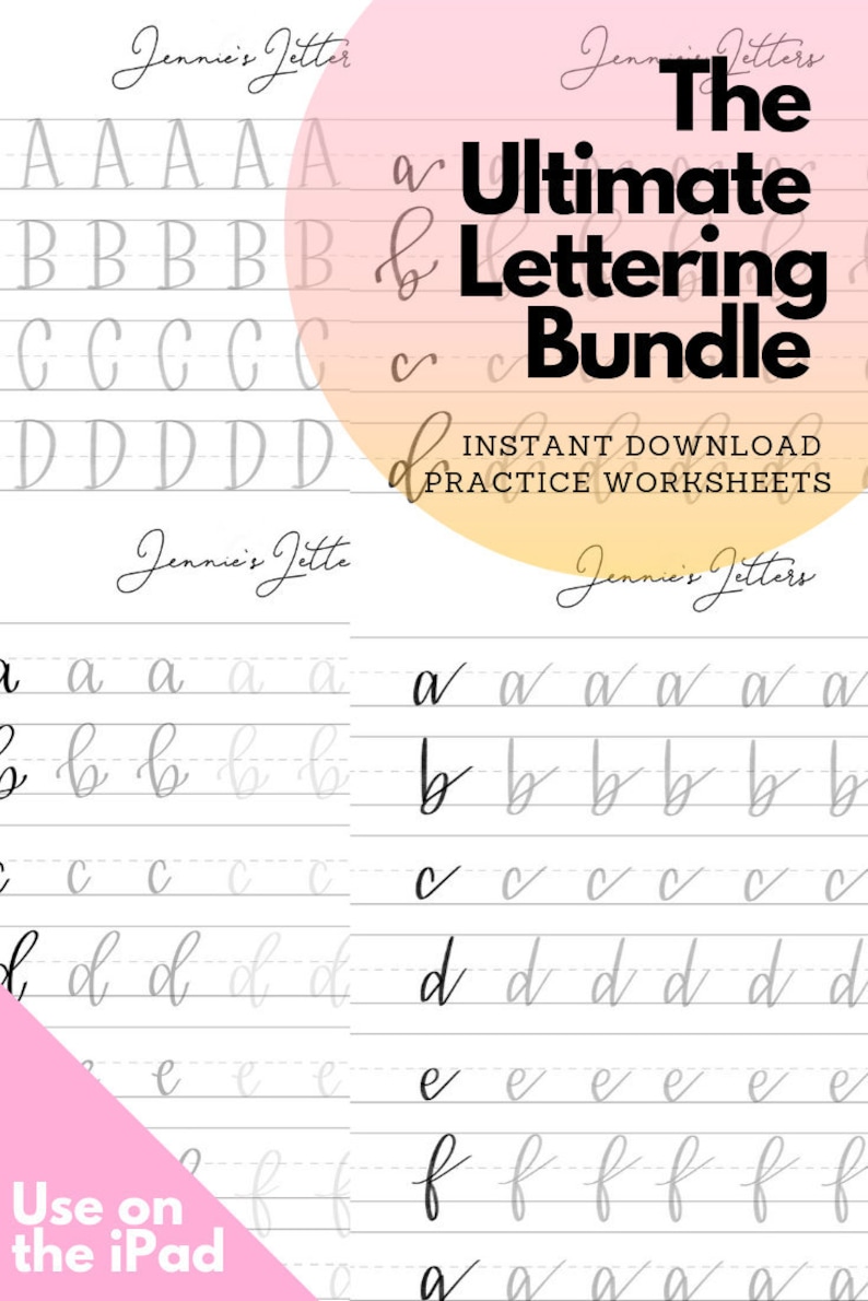 May include: A printable worksheet bundle for practicing cursive handwriting. The bundle includes practice sheets for each letter of the alphabet. The title of the bundle is "The Ultimate Lettering Bundle" and it includes the text "Instant Download Practice Worksheets".