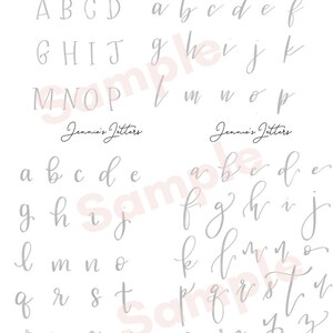 May include: A printable worksheet with two columns of uppercase and lowercase letters in a cursive font. The letters are in gray on a white background. The text "Jennie's Jitters" appears at the top of each column.