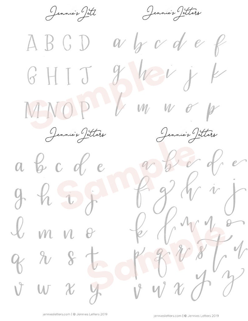 May include: A printable worksheet with two columns of uppercase and lowercase letters in a cursive font. The letters are in gray on a white background. The text "Jennie's Jitters" appears at the top of each column.