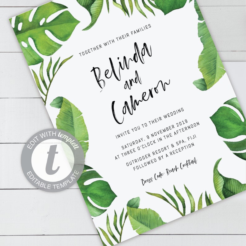 Tropical Palm Leaf Wedding Invitation Template INSTANT Etsy