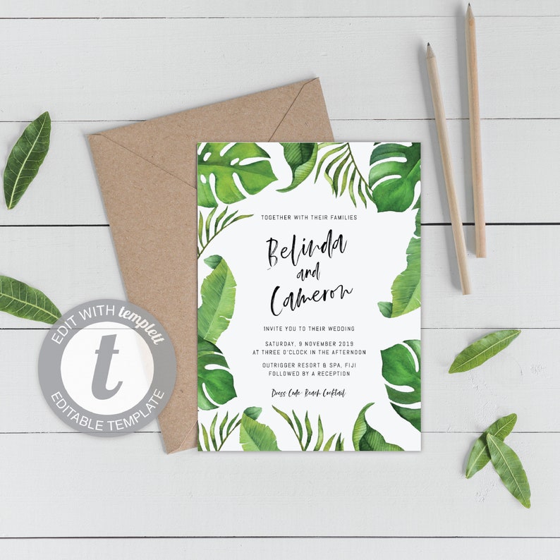 Tropical Palm Leaf Wedding Invitation Template INSTANT Etsy