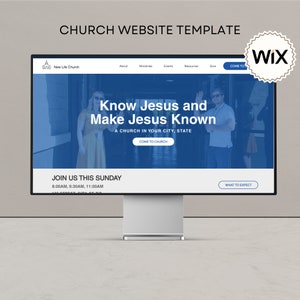 以下が含まれることがあります： 教会のウェブサイトテンプレートが表示されたコンピューター画面。画面には「イエスを知り、イエスを知らせる」「あなたの街、州の教会」というテキストが表示されています。ウェブサイトには、「今週の日曜日にご参加ください」「午前8時、午前9時30分、午前11時」というテキストも表示されています。