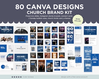 Puede incluir: Una colección de 80 diseños de Canva para la marca de la iglesia. Los diseños incluyen historias de Instagram, publicaciones, tarjetas de conexión, tamaños de boletines dominicales, tarjetas de invitación a la iglesia y marcos en A. Los diseños están en un esquema de color azul y blanco con varias superposiciones de texto.