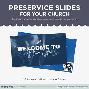 Pode incluir: Um modelo de slide de serviço de igreja azul e branco com o texto "WELCOME TO New Life" e um código QR. O slide é projetado para ser usado no Canva.