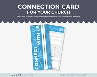 Pode incluir: Um cartão de conexão azul e branco para uma igreja. O cartão tem o texto "Connect with us" na frente e uma mensagem de boas-vindas no verso. O verso também tem um espaço para os visitantes preencherem suas informações.