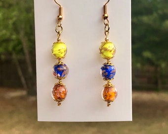 gold plated earrings and Lampwork bead earrings round Murano earrings dangle earrings gold leaf amber earrings