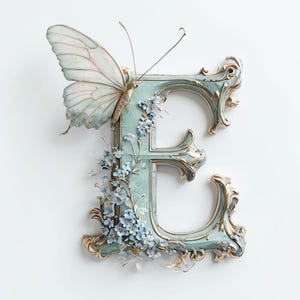 Monograma imprimible LETRA E, inicial de mariposa en verde azulado y dorado, arte de pared para guardería, descarga digital, impresión decorativa de hasta 30 x 30 cm, alfabeto elegante