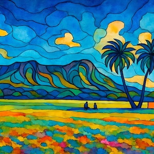 Kapiolani Park Diamond Head Art Print - Honolulu Hawaii - Stained Glass Style - Digital Download - Hawaiian Landscape - Iconic Hawaii View