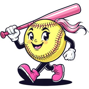 Cute Cartoon Softball Player Digital Download – Pink Hair Softball Clipart – Printable Softball PNG for Shirts, Bags, More | Print up to 36&quot;