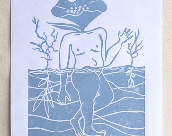 May include: A blue and white linocut print of a figure with a flower head standing in water. The figure is walking with one leg raised and the other leg planted on the ground. The water is represented by wavy lines and the figure is surrounded by plants.